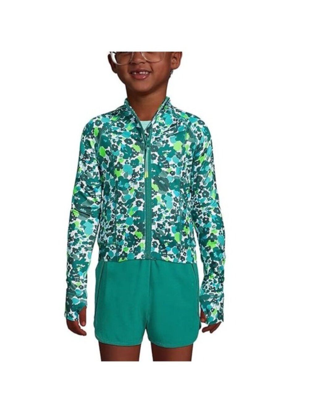Lands End Girls Size L 10-12 Green Blue Floral Full-Zip Athletic Running Jacket